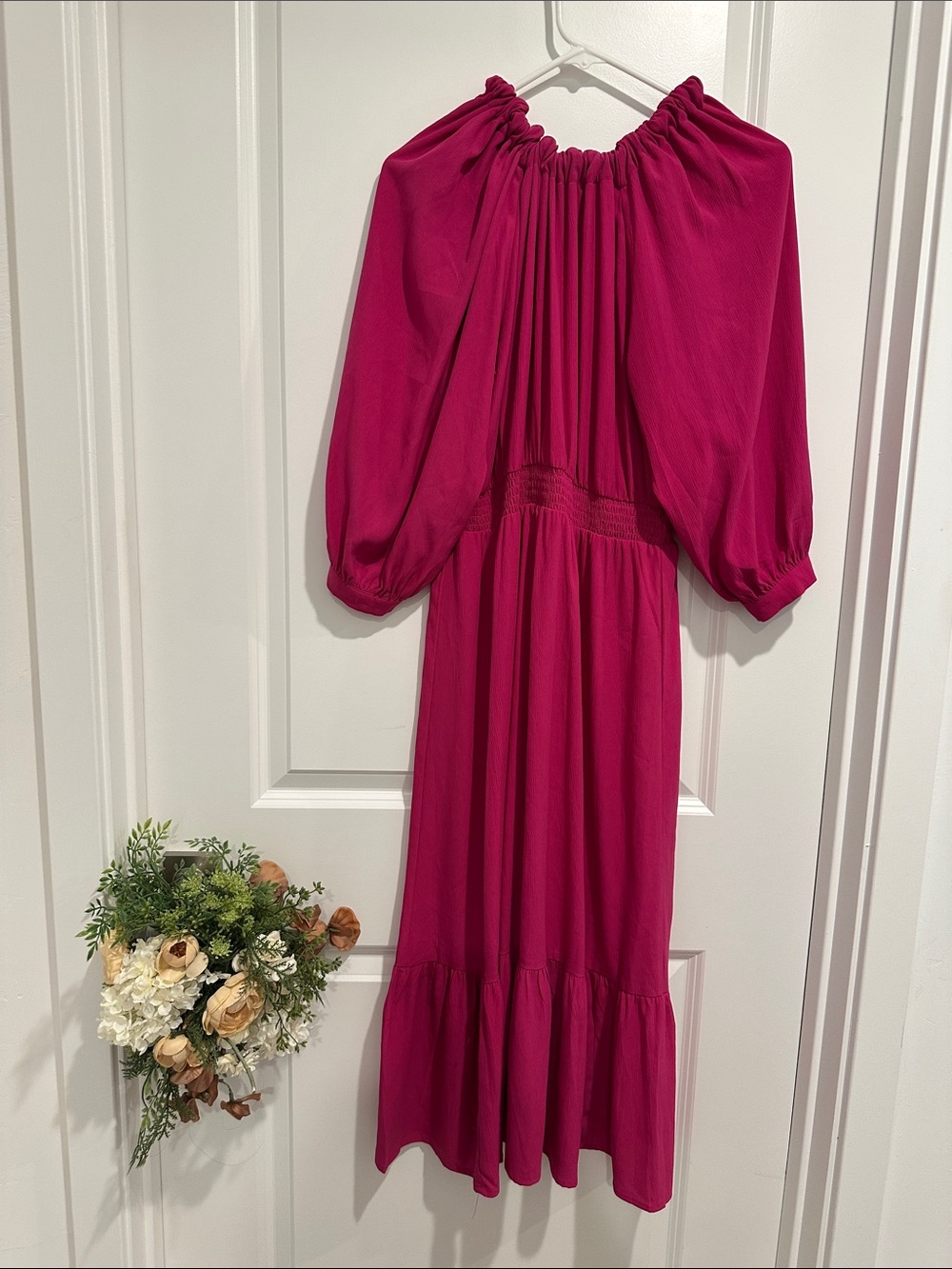 Women's Fuchsia Long Sleeve Midi Dress with Black Velvet Tie